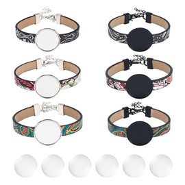 FASHEWELRY 6Pcs PU Leather Cord Bracelet Bezel Tray Bohemian Blank Photo Tray Bracelet Band Settings 26.5mm Adjustable Round Tray Bracelet with Glass Cabochons for Jewelry Making, DIY-TA0010-43-Biyun