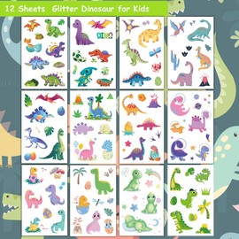 Hohamn Glitter Dinosaur Temporary Tattoos for Boys Kids- 12 Sheets Glitter Dinosaur Tattoos for Boys Kids Birthday Party Supplies Favors, Baby Shower, 120 Glitter Styles Dinosaur Tattoos