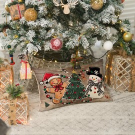 AVOIN colorlife Snowman Christmas Tree Gingerbread Man Throw Pillow Cover, 12 x 20 Inch Woodgrain Seasonal Winter Holiday Cushion Case Decoration for Sofa Couch