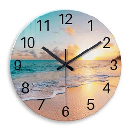 Constantplanet Analog Round Wall Clock for Living Room Decor Glass Blue Wall Clock Silent Beach Coastal Wall Clock Battery Operated 14 Inch