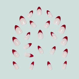 Christmas Press on Nails Almond Fake Nails Christmas Hat Acrylic Nails Red French Tip Press on Nails Winter Xmas False Nails Glossy Glue on Nails for Women Girls 24Pcs