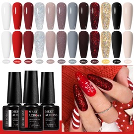 MEET ACROSS Black White Red Gel Nail Polish Set, 12 Colors Nude Grey Glitter Sliver Gold Red Gel Polish for All Seasons Soak Off Nail Art Lamp UV LED Cured Manicure Nail Gifts for Women