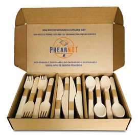 Disposable Wooden Cutlery Set - 300 Count (100 Forks, 100 Spoons, 100 Knives) - Natural White Birchwood Flatware Utensils - Durable, Smooth, Biodegradable, Eco-Friendly