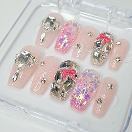 Pink Ribbon Full Stone Handmade Nail Tips - Petite Almond / 핑크 리본 풀스톤 수제네일팁 - 쁘띠 아몬드