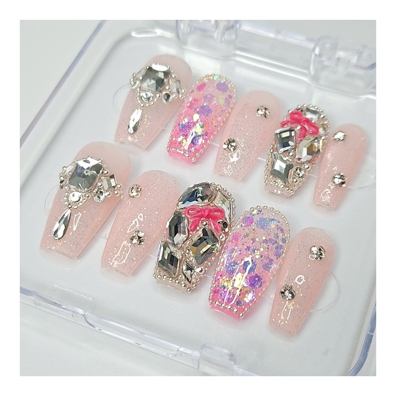 Pink Ribbon Full Stone Handmade Nail Tips - Petite Almond