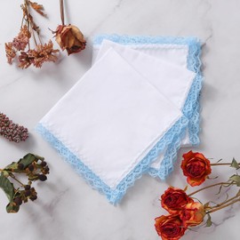 HOULIFE Ladies Handkerchief – Small Hankerchieves Ladies, Colourful Embroidered Lace Hankies, Premium 60S Combed Cotton Womens Colorful Hankies for Bridal Wedding Party, 12 Pcs, 25x25cm, Light Blue