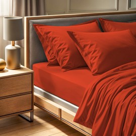 Premium Ranforce Double Fitted Sheet (140 x 190+30 cm), Tile Red, 100% Cotton, 145 Thread Count | Machine Washable at 30°C | Soft & Durable Bedding