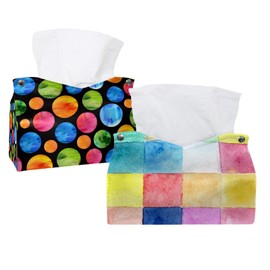 2 Pack Tissue Box Cover Holder, Watercolor Squares Rectangle Leather Tissue Case, Decorative Organizer for Tabletop, Bathroom, Car, Office