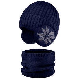 KIRAAT - Juego de gorro y bufanda para niños de 5 a 12 años para niños, gorro de esquí de punto cálido de invierno con forro polar, Azul marino, Talla única