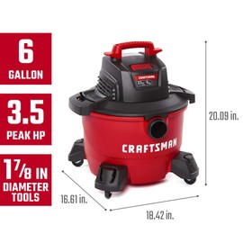 CRAFTSMAN CMXEVBE17584 6 Gallon 3.5 Peak HP Wet/Dry Vac, Portable Shop Vacuum with Attachments , Red