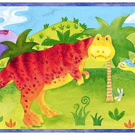 CONCORD WALLCOVERINGS ™ Wallpaper Borders Dinosaurs Pattern Island Volcano Palms Reptilians for Boys Bedroom, Green Orange Blue Purple Yellow, 7 Inches by 15 Feet GU92041B