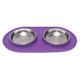 Messy Cats Double Silicone Feeder with Stainless Saucer Shaped Bowl | Anti-Slip Non-Skid Cat Food Bowls | Two Cat Bowls in Feeding/Water Station | 1.75 Cups per Bowl (Purple)