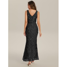 Ever-Pretty Women's Sequin Embroidered V Neck Slit Sleeveless Bodycon Maxi Evening Gown Black US08
