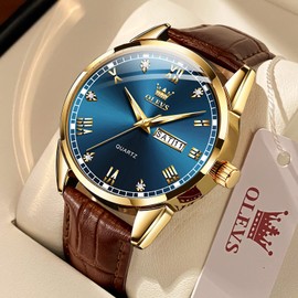 OLEVS Mens Leather Watch Brown Watches for Men Blue Dial Men's Round Watches with Leather Band Classic Diamond Big Face Mens Wrist Watch with Day Date Waterproof Reloj De Hombre