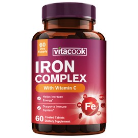Vitacook Iron Supplement 65mg for Women & Men, Ferrous Bisglycinate Chelate, Vitamin C, A, E, B6, B12, Spinach & Beet Root Powder, for Blood Flow & Energy Support,120 Vegan Capsule