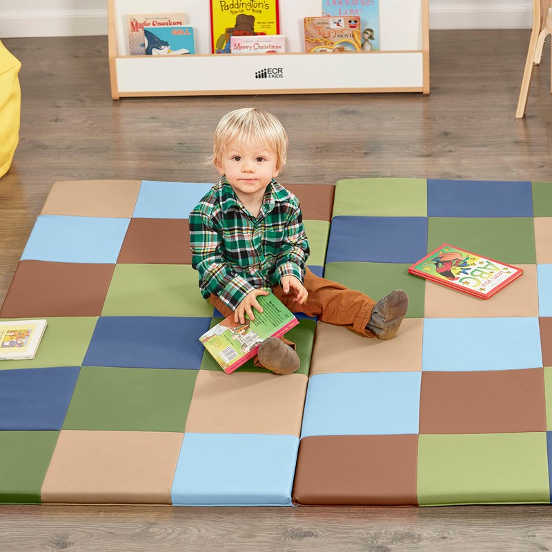 ECR4Kids SoftZone Patchwork Activity Mat, Folding Playmat, Earthtone