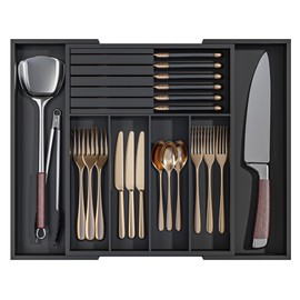 WUSHIZHUHUN Utensil Organizer Silverware Tray for Drawer - Bamboo Knife Drawer Organizer Expandable Cutlery Organizer in Drawer Knife Block W12.8-20.2" x L16 x H2 (Black)