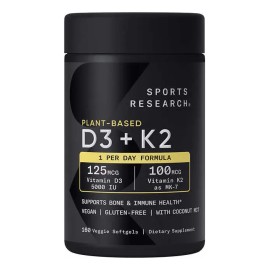 Vitamina D3 + K2 Sports Research 160 Veggie Softgels Sabor Sin Sabor