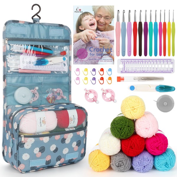 Aeelike Crochet Kits for Beginners Adults UK, Beginners Crochet Kit, 48 PCS Kids Crochet Starter Kit with Instructions & 10x25g Yarn, Crochet Hooks Sets for Beginners with Wool, Hooks and Storage Bag