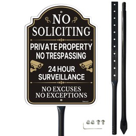 Smeryl No Soliciting Sign, Private Property No Trespassing 24 Hour Surveillance, No Excuses No Exceptions with 35.4" Stake for Yard, 12” x 8” Video Surveillance Sign, Aluminum, Easy to Install, 1 Pack