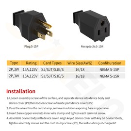 STARELO Extension Cord Ends 125V 15A 2Pole 3Wire Male Plug and Female Connector Straight Blade Plug Replacement Electrical Extension Cord End(Male & Female 5 Set)