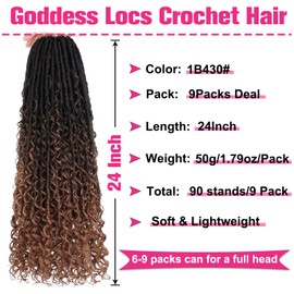 Unionbeauty 24 Inch Boho Faux Locs Crochet Hair 9 Packs Pre-looped River Locs Crochet Braids with Curly Ends Goddess Locs Crochet Hair Synthetic Crochet Hair Extensions For Women 1B430#