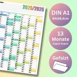 Wall Calendar 2025 2026 - School Year Planner 2025/2026 DIN A1 - Large XXL School Year Annual Calendar Folded - with Holidays and School Holiday Overview - Optimal Year Planner for School Year 25/26