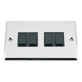 Light Switch 4 Gang - Polished Chrome - Classic - Black Insert Plastic Switch - 10 Amp Quad 4 Gang 2 Way