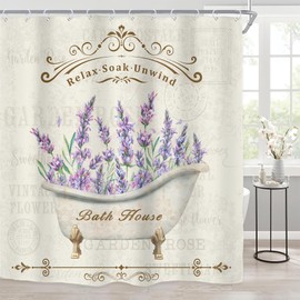 Riyidecor Lavender Lilac Shower Curtain for Bathroom Decor 72Wx72H Purple Floral Flower Rustic Vintage Farmhouse Botanical Women Bathtub Art Printed Fabric Polyester Waterproof 12 Pack Plastic Hooks