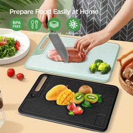 AiQInu Plastic Chopping Board, 37 x 25 cm, Rectangular Cutting Board with Non-Slip Handles, Kitchen Chopping Boards Dishwasher Safe, Green