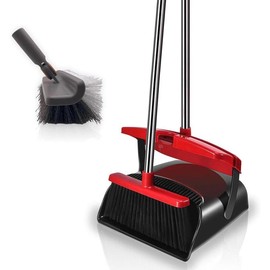 Broom with Dustpan Combo Set - Apartment, Dorm, House Cleaning Product - Long-Handled, Stand-Up, Full Comb Teeth – Sturdy Indoor Sweeping Household Gadget (Includes Gift) (Red & Black) - variation_color_name: Red & Black