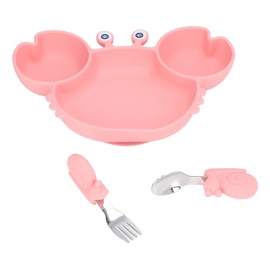 3pcs Toddler Divided Plate Set Silicone Baby Suction Plate Anti Slip BPA Free with Spoon Fork for Kids Pink