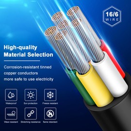 16 Gauge 6 Conductor Electrical Wire, 16.5FT 2464 16AWG 6 Wire Cable Black PVC Stranded Tinned Copper, 16/6 Cord Extension Low Voltage Cable