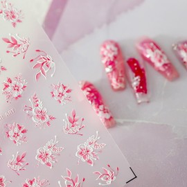 5D Embossed Flowers Nail Stickers Pink Floral Nail Art Sticker Self Adhesive Nail Decals Exquisite Flower Summer Nail Art Decals for Women Art Decorations Accessories