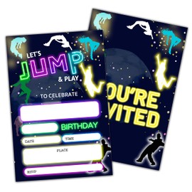 Trampoline Park Birthday Party Invitation Cards, Bounce House Glow Neon Double-Sided Party Invitation For Teens Boys & Girls-Kid's Party Celebration Supplies, 20 Fill-In Invitations With Envelopes-B06