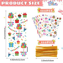 QOIUSO 100PCS Birthday Cellophane Treat Bags with 110 Gold Twist Ties, Clear Goodie Bags for Kids Birthday Party Favors Packaging Candy, Cookies, Treat, Classroom Return Gifts - 4 Colorful Design