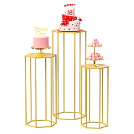 Wokceer Hexagon Pedestal Stand Cylinder Stands for Party 35.43" Set of 3 Nesting Display Cylinder Tables for Parties Wedding Living Room Patio Decor Gold