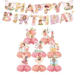 Yuiturt 9 Pcs Fairy Birthday Party Decorations, 1 Set Floral Fairy Garland Birthday Banner and 8 Fairy Honeycomb Centrepieces, Pink Butterfly Table Toppers for Girls' Birthday Celebrations Supplies
