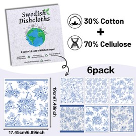 Reusable Swedish Dishcloths Set for Kitchen - 6 Pcs Blue and White Floral Swedish Dish Cloths Kitchen Towels Absorbent Drying Sponge Cleaning Cloths Wipes for Cooking Home Decoration Housewarming Gift