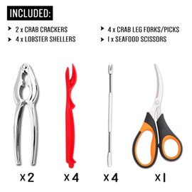 4-Person Seafood Tools Set includes 2 Crab Crackers, 4 Lobster Shellers, 4 Crab Leg Forks/Picks and 1 Seafood Scissors - Nut Cracker Set