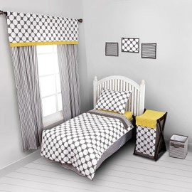 Bacati - Dots/pin Stripes Neutral Grey/Yellow 4 Pc Toddler Bedding Set 100 Percent Cotton Includes Reversible Comforter, Fitted Sheet, Top Sheet, and Pillow Case for Boys/Girls