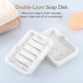 Luxspire Soap Dish Tray, Double Layer Draining Soap Holder, Detachable Soap Container Box for Bathroom Shower, Kitchen Sink Dish Sponge Holder, Drainer Soap Case - White Marble