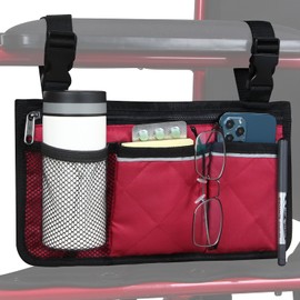 Wheelchair Side Organizer Storage Bag Armrest Pouch with Cup Holder and Reflective Strip, for Most Wheelchairs, Walkers or Rollators (Red)