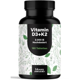 Vitamin D3 K2 High Dose - 180 Tablets with 2000 IU - Premium 99.7+% All-Trans K2-MK7 - Produced in Germany