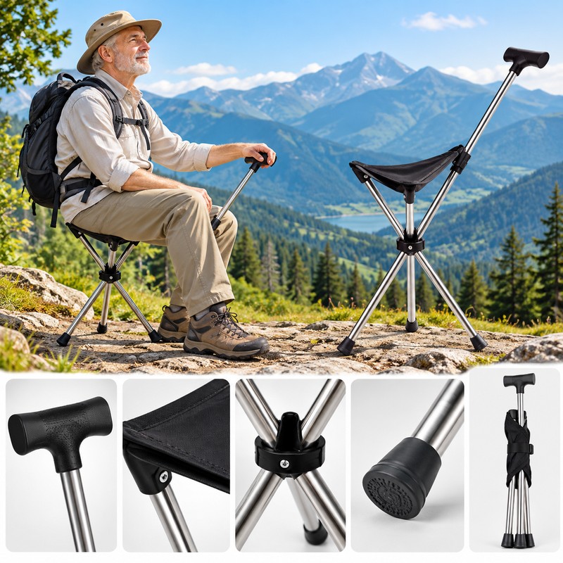 2-in-1 Folding Cane Chair for Walking and Resting – Portable