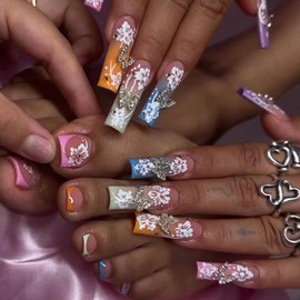 48Pcs Hrnsnails Long Square Press On Nails and French Tip Press On Toenails, Girls Fake Nails with 3D Silver Butterfly White Flowers Design, Acrylic Artificial False Stick On Nails for Women