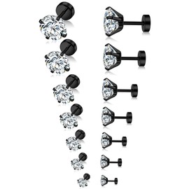 Tornito 7 Pairs 20G Stainless Steel Stud Earrings Round Cubic Zirconia Barbell Earring Set For Men Women 2MM-8MM Rose Gold Tone (E:7 Pairs,Flat Backs&Black Tone)