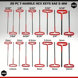 ATE Pro. Tools 20pc T-Handle Hex Key Allen Wrench Set, SAE and Metric Hex Keys, Non-Slip Cushioned Grip T-Key, 8" Long Shank