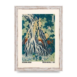Lithobee - Katsushika Hokusai Kirifuri Waterfall C1831 - Printed Wall Art Design in Sizes A2, A3 & A4 Framed in a Stylish Coloured Frame or Unframed (A4 White Distressed Frame)