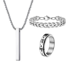 ZENGSING Men's Necklaces Stainless Steel Cuboid Chain 3 Pieces Bar Pendant Necklace Set Silver/Black Bar Pendant Necklace with Bracelet and Ring Necklace Cuboid for Men Women, Stainless Steel, No